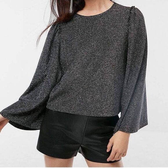 Express Sparkling Silver Metallic Bell Puff Sleeve Blouse Top Size Medium - Picture 1 of 7
